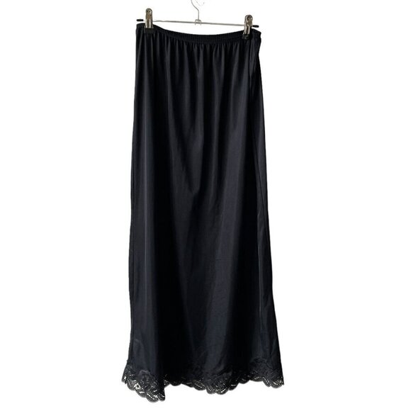 Vintage Tall Girl Pull On Lace Hem Elastic Waist Maxi Slip Skirt Black Small - Picture 1 of 6